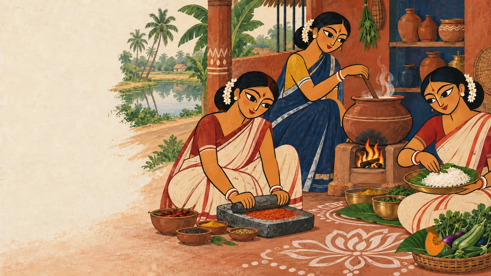 Bengali women preparing a meal in a folk art inspired kitchen