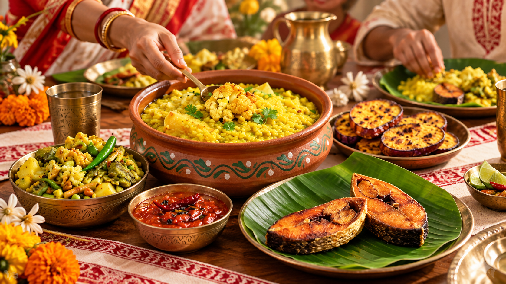 Festive Bengali table with khichuri, labra, beguni and two pieces of ilish
