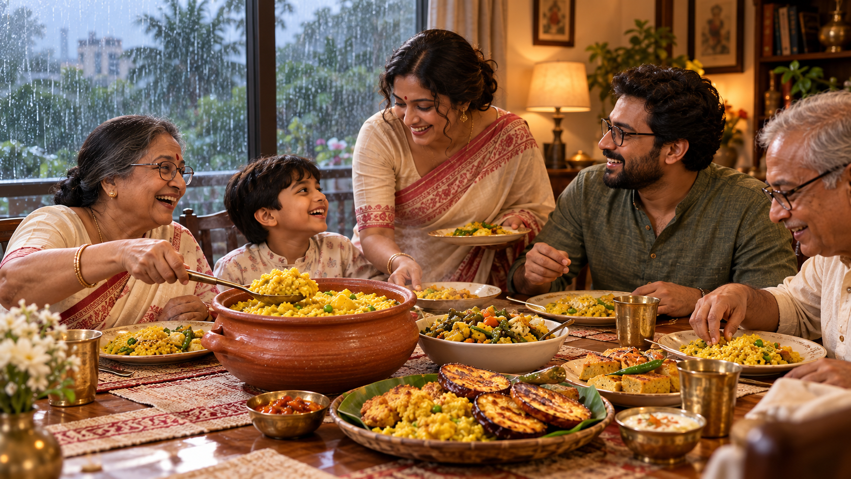 A Bengali family sharing khichuri, labra and beguni while heavy rain falls beyond the window
