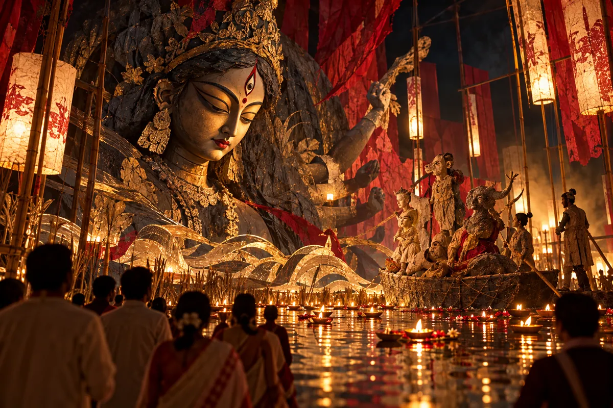 Editorial illustration inspired by Chetla Agrani's contemplative Bisarjan theme