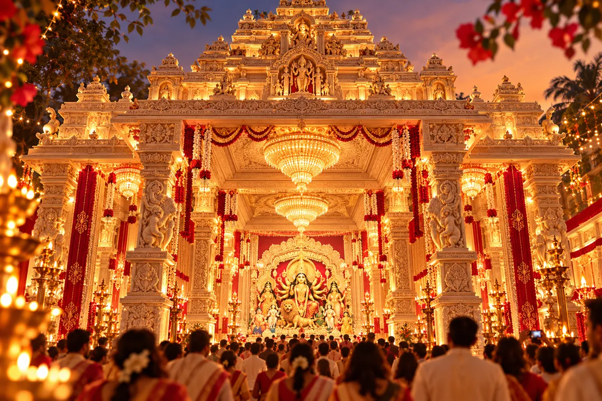Editorial illustration inspired by Ekdalia Evergreen's temple-like pandal theme