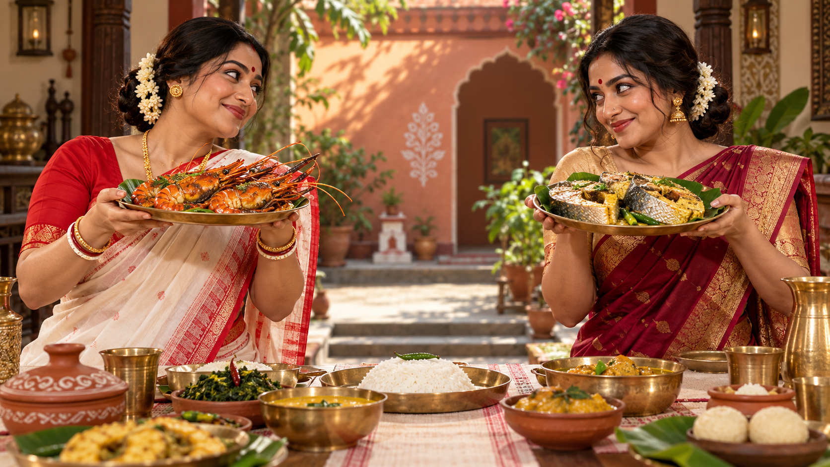 Two Bengali women smiling across a table, one holding galda chingri and the other ilish