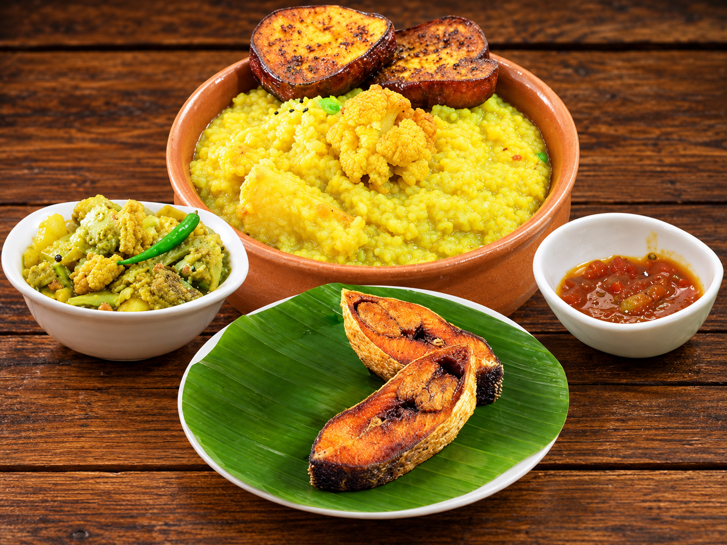 Khichuri with joda ilish bhaja